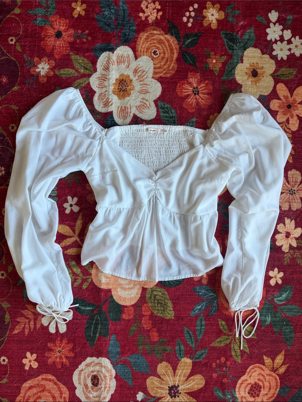 White Mi Ami Long-Sleeve Smocked Back Peasant Top